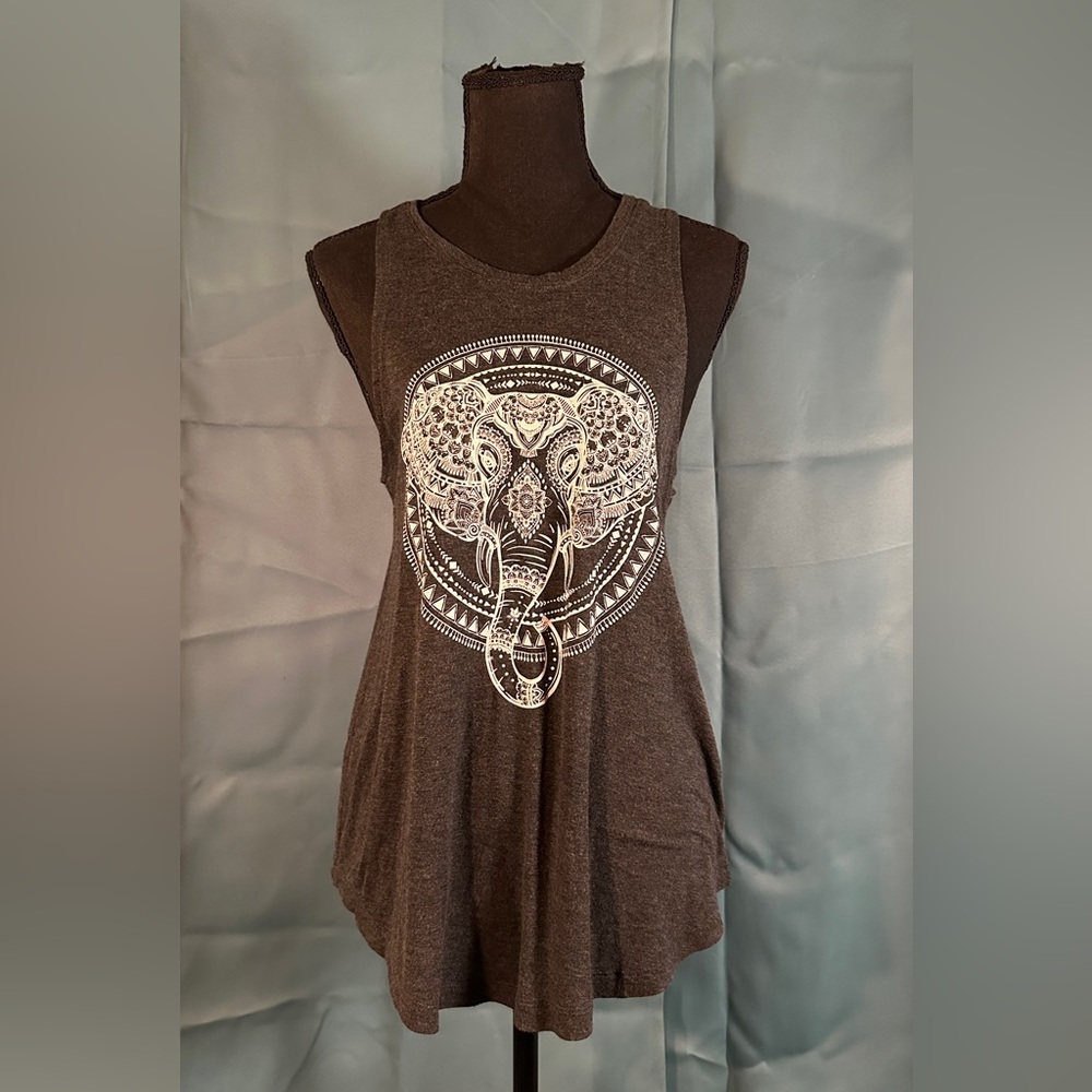 Peaceful Warrior- Elephant Graphic Sleeveless Tank Top - Charcoal - S